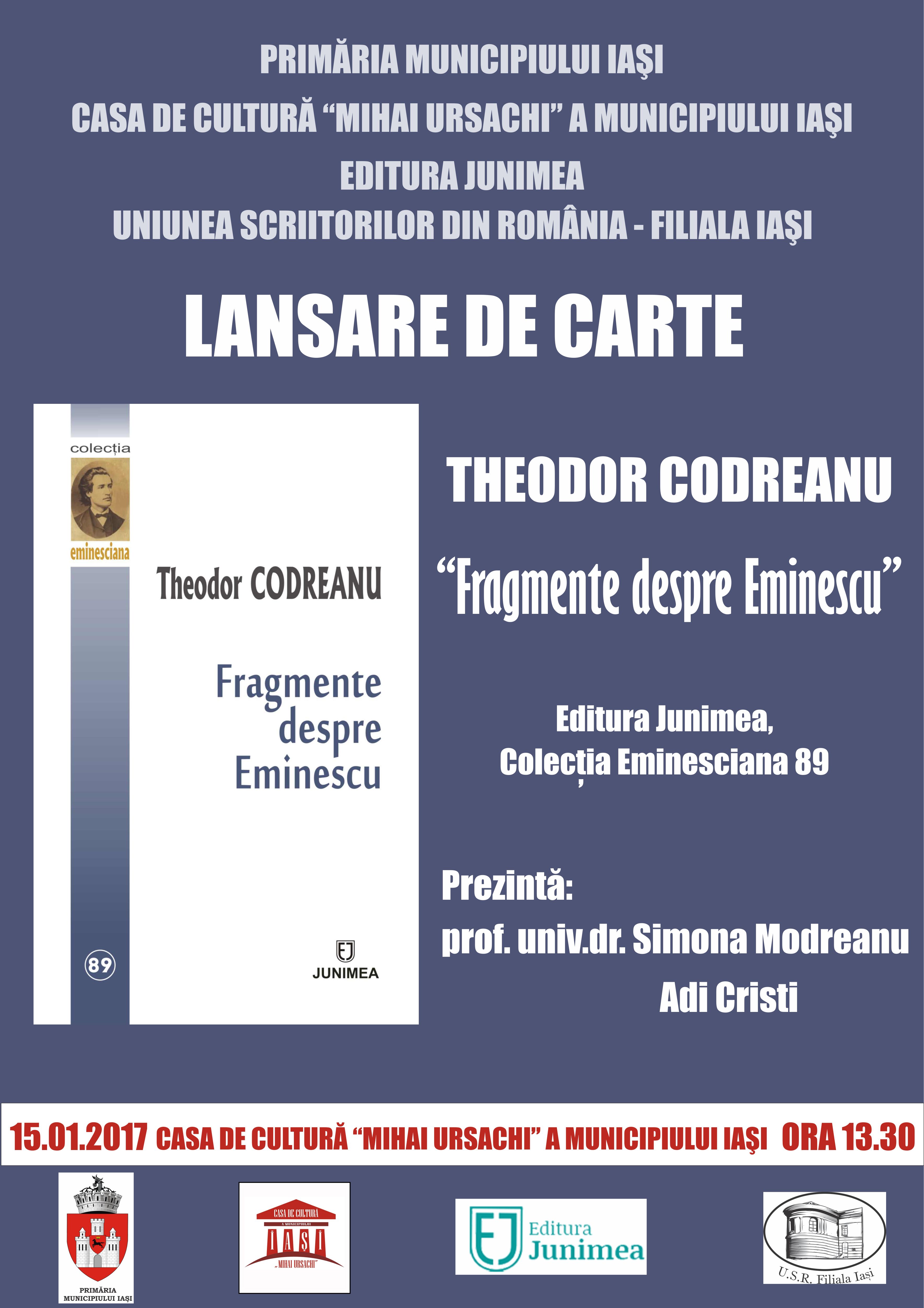 Lansare de carte:  Fragmente despre Eminescu,autor Theodor Codreanu