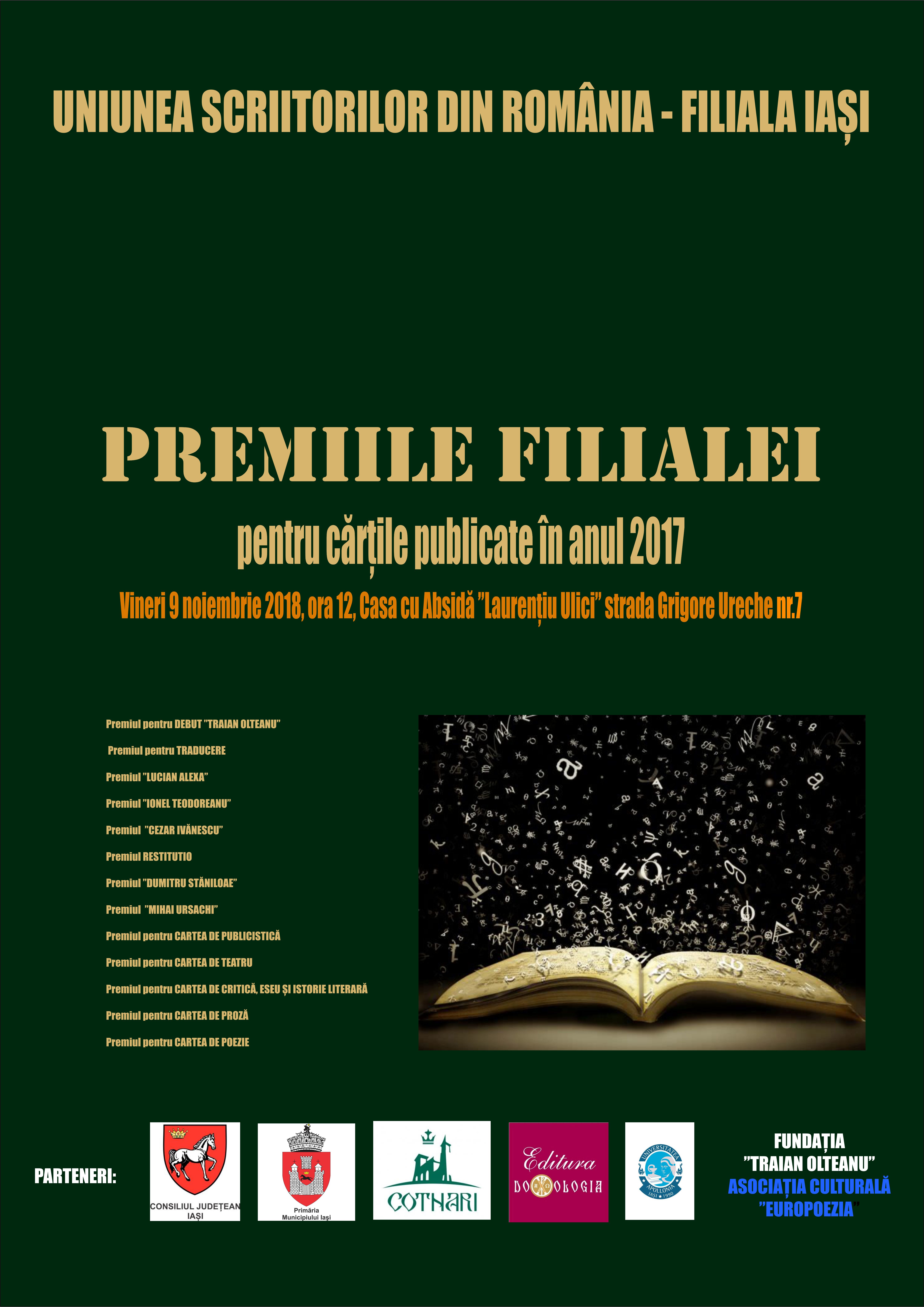 PREMIILE FILIALEI IASI A  USR PENTRU CARTILE PUBLICATE IN 2017